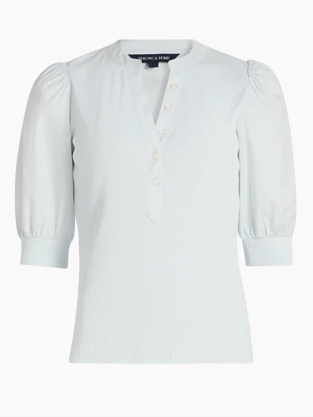 Veronica Beard Coralee Top Poplin Puff Sleeve Rib Knit Body Split V-Neckline